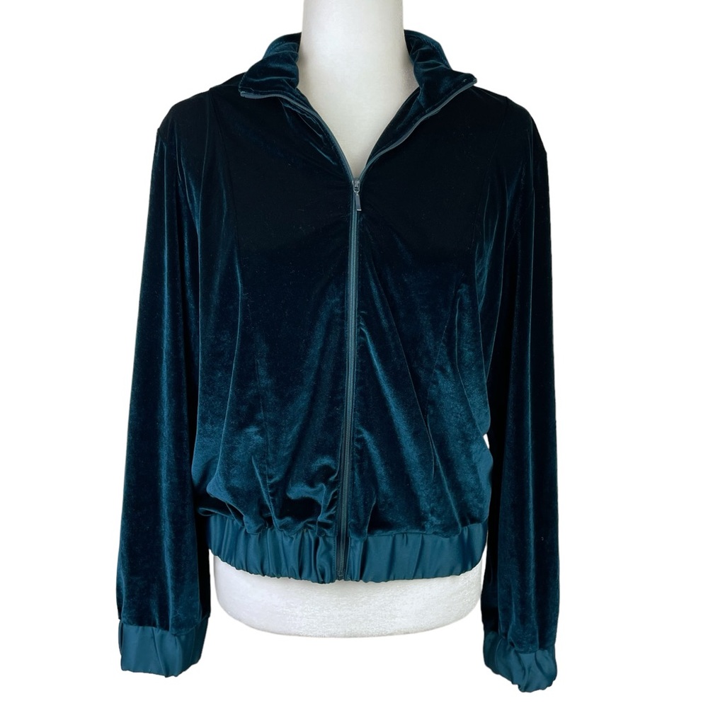 Stretch Velvet Athleisure Bomber Jacket Satin Cuffs Waist Teal Size M